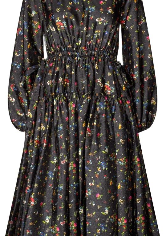 2067 Flat Textured Poly, Waist Tie Ruffle Midi Dress