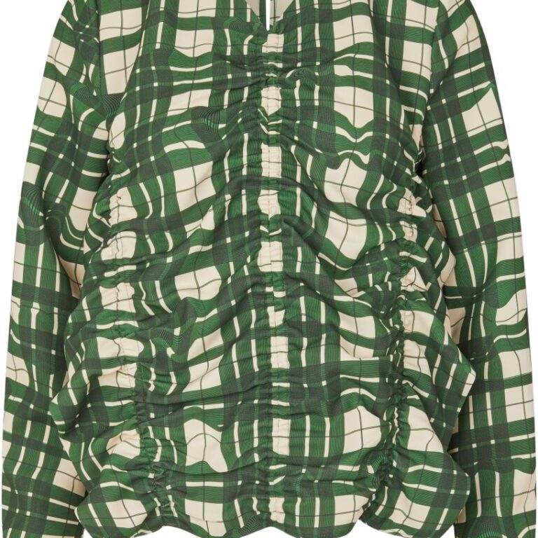 2429 Checkered Cady, Long Sleeve Gathered Ruffle Top