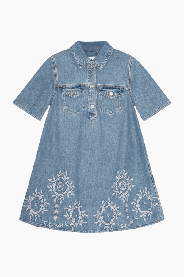 Broderie Anglaise Denim Mini Dress J1694 - Light Blue Stone - GANNI - Blå L