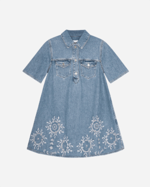 Broderie Anglaise Denim Mini Dress - Light Blue Stone