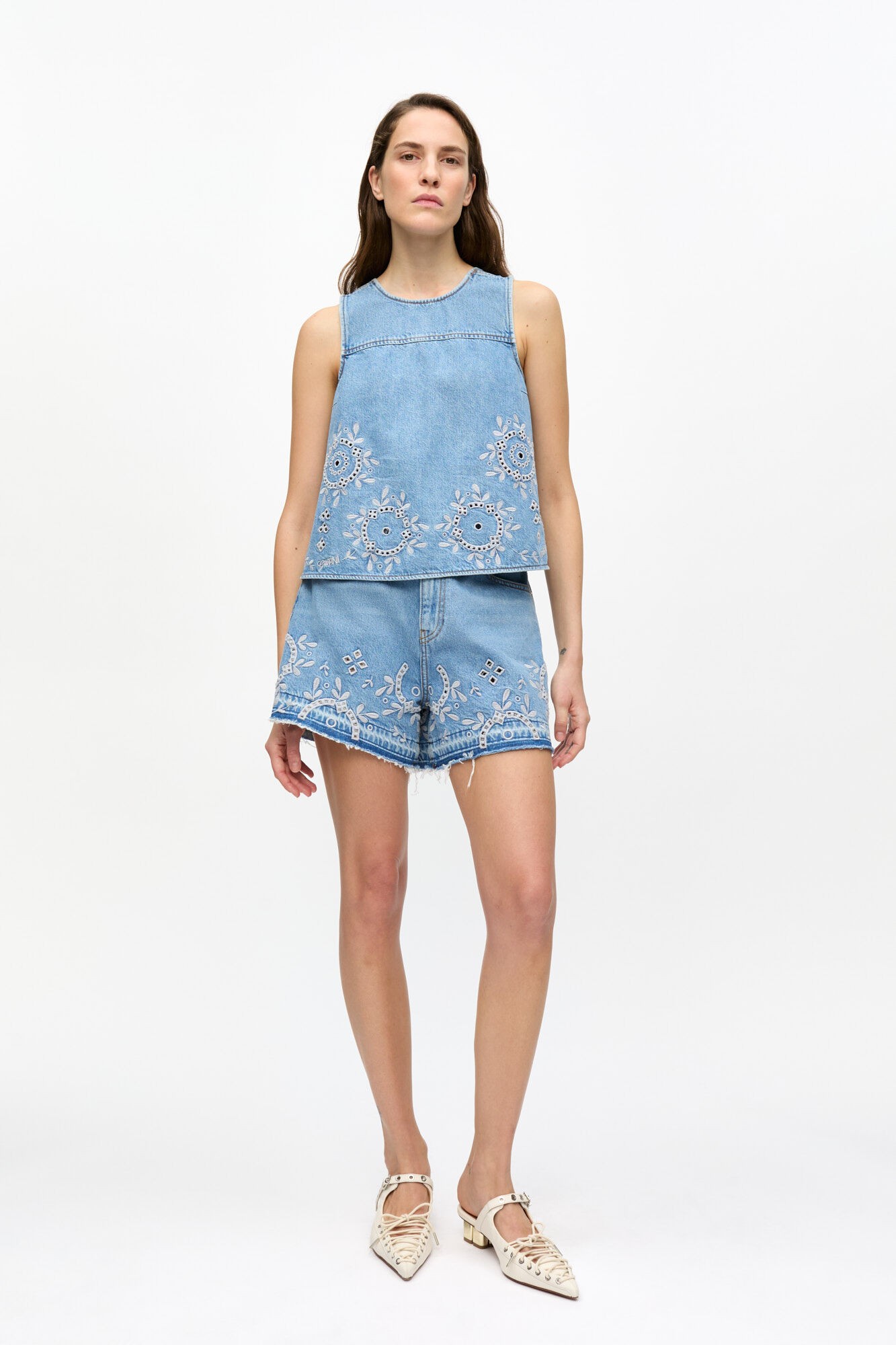 Broderie Anglaise Denim Shorts