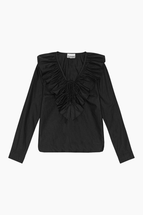 Cotton Poplin Ruffle V-neck Blouse F9059 - Black - GANNI - Sort L