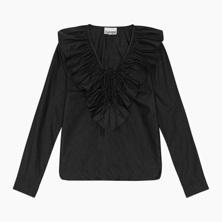 Cotton Poplin Ruffle V-neck Blouse F9059 - Black - GANNI - Sort XS