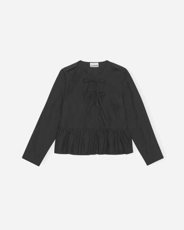 Cotton Poplin Tie String Peplum Blouse - Black