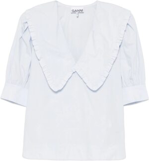 Cotton Poplin Vneck Ruffle Blouse