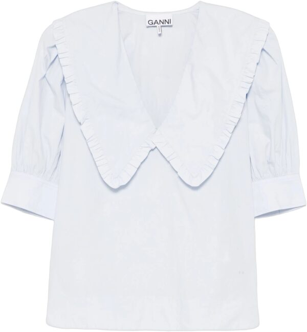 Cotton Poplin Vneck Ruffle Blouse