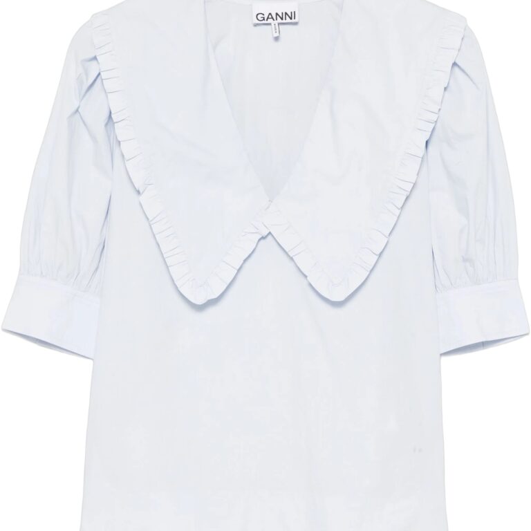 Cotton Poplin Vneck Ruffle Blouse