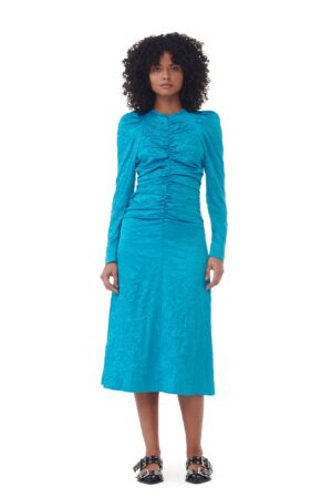 Crinkled Satin Oneck Midi Dress