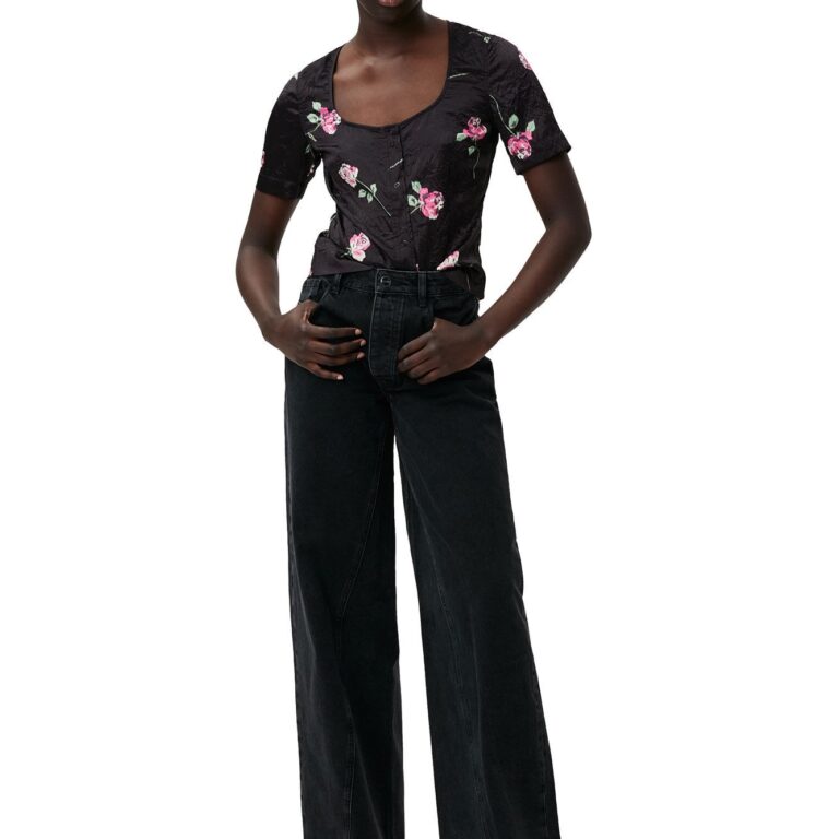 Crinkled Satin Uneck Blouse