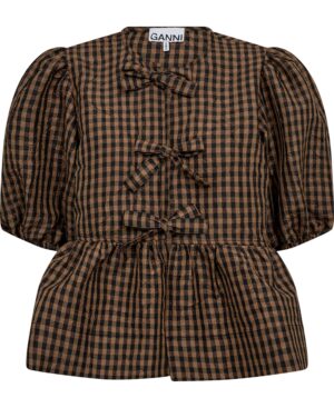 Crinkled Taffeta Check Peplum Blous