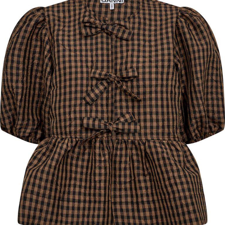 Crinkled Taffeta Check Peplum Blous