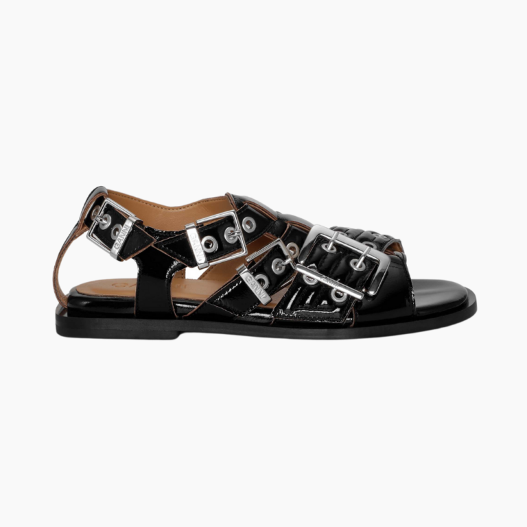 Feminine Buckle Flat Strap Sandal Naplack S2934 - Black - GANNI - Sort 37