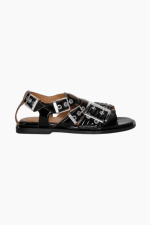Feminine Buckle Flat Strap Sandal Naplack S2934 - Black - GANNI - Sort 40