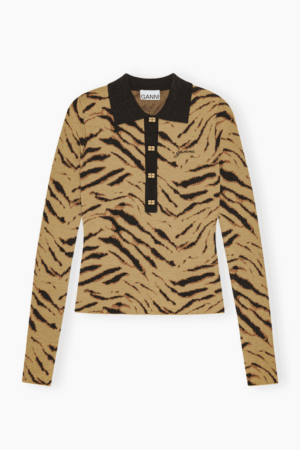 Fine Merino Jacquard Polo K2600 - Multicolour - GANNI - Stribet L