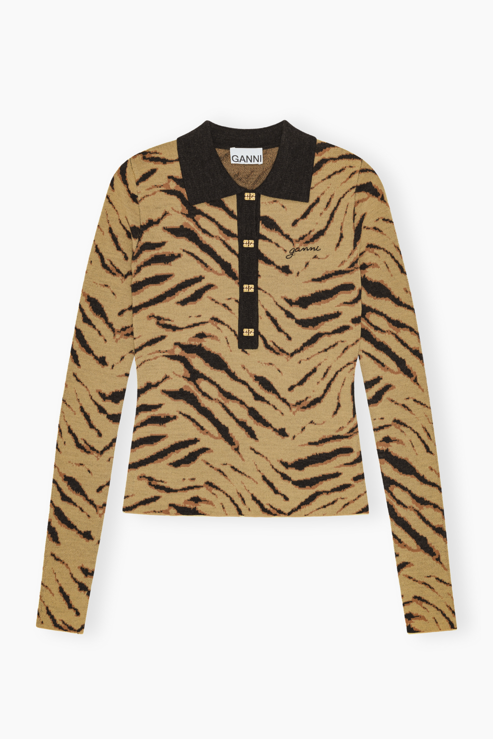 Fine Merino Jacquard Polo K2600 - Multicolour - GANNI - Stribet L