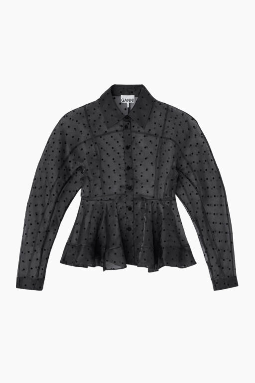 Flocked Organza Peplum Shirt - Black - GANNI
