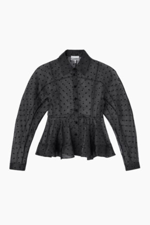 Flocked Organza Peplum Shirt - Black - GANNI - Sort M