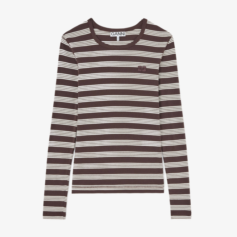 Ganni Soft Cotton Rib Longsleeve Top Stripe Mole