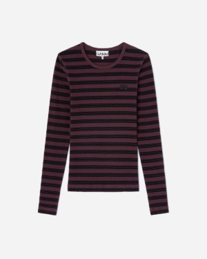 Ganni Soft Cotton Stripe Rib Longsleeve Chocolate Plum
