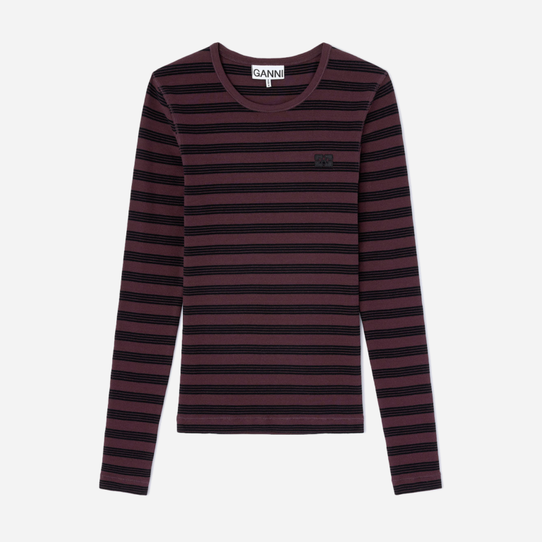 Ganni Soft Cotton Stripe Rib Longsleeve Chocolate Plum