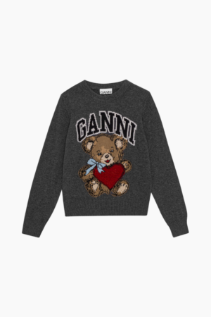 Graphic Wool Mix Bear Crewneck K2370 - Gray Quill - GANNI - Grå S