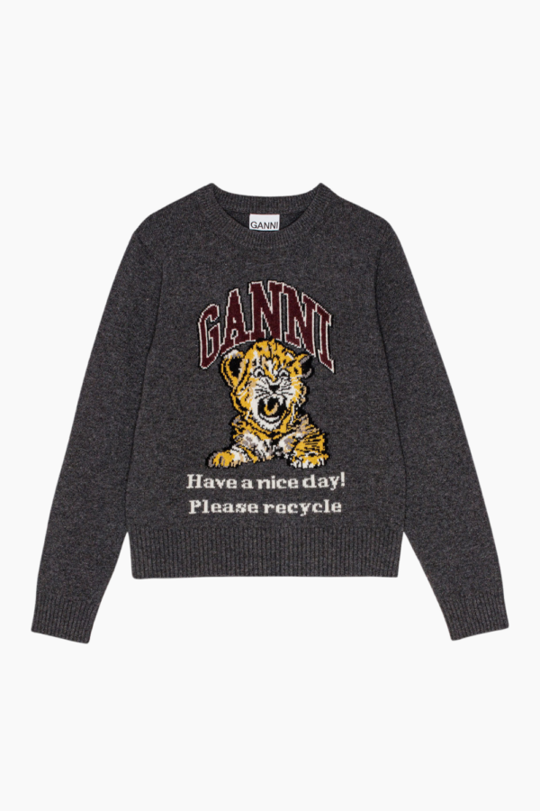 Graphic Wool Mix Tiger Crewneck K2278 - Grey Quill - GANNI - Grå S