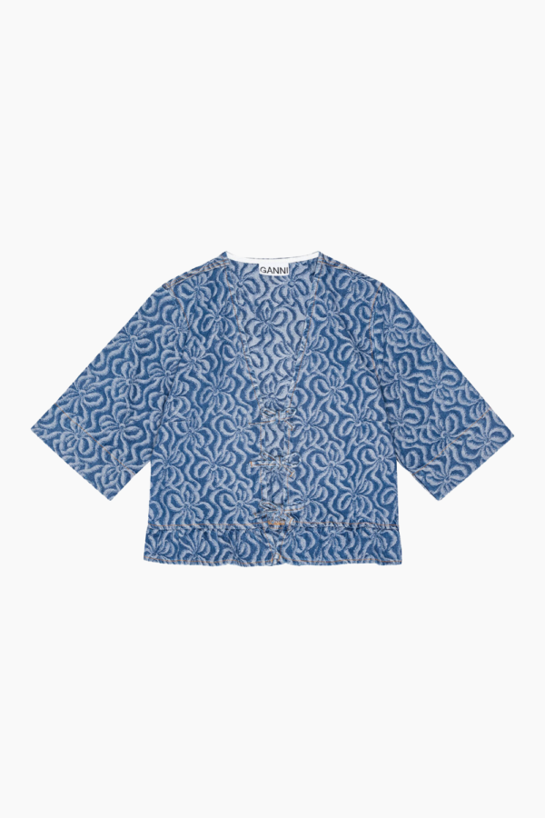 Jacquard Denim Flounce Tie Blouse J1394 - Mid Blue Stone - GANNI - Blå XS