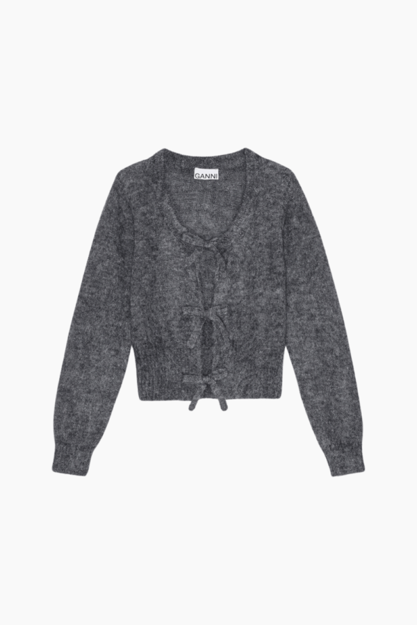 Light Mohair Tie String Cardigan K2411 - Paloma Melange - GANNI - Grå L