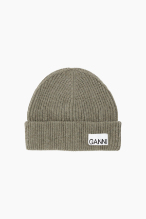 Light Structured Rib Knit Beanie A5354 - Dusty Olive - GANNI - Grøn One Size