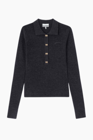 MIni Ribbed Merino Polo A1070125 - Phantom - GANNI - Grå L