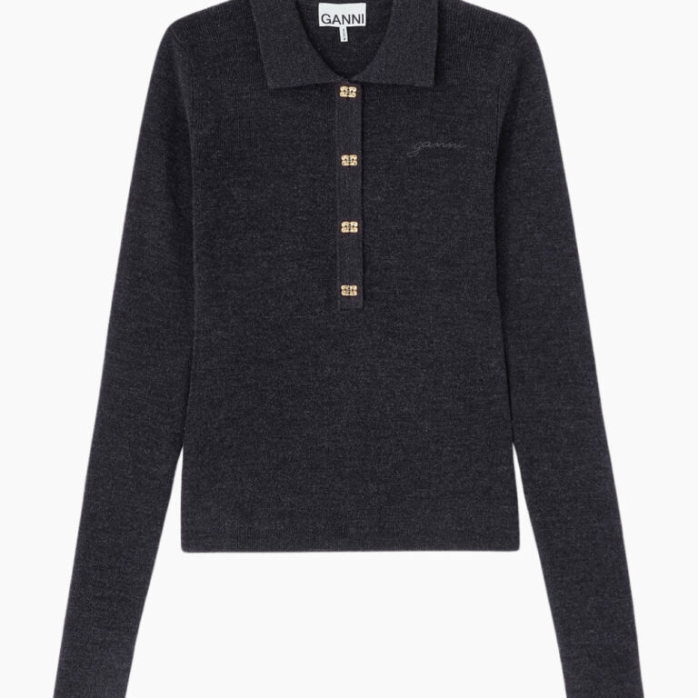 MIni Ribbed Merino Polo A1070125 - Phantom - GANNI - Grå S