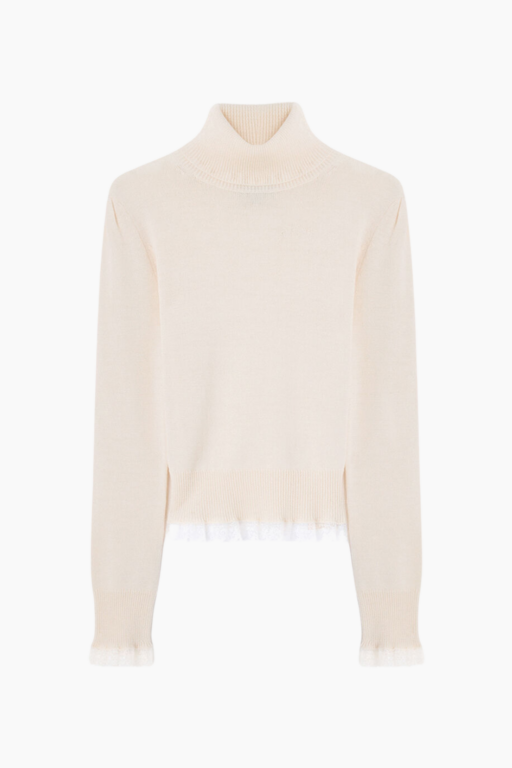 Merino Turtleneck w lace details A1150062 - Egret - GANNI