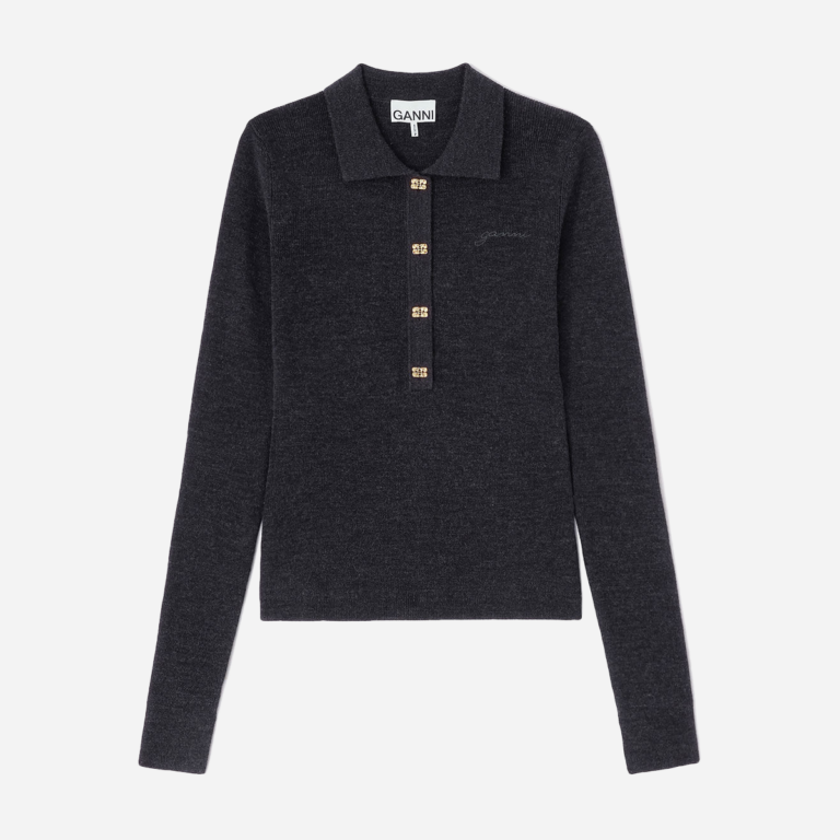 GANNI Mini Ribbed Merino Polo Phantom Toppe