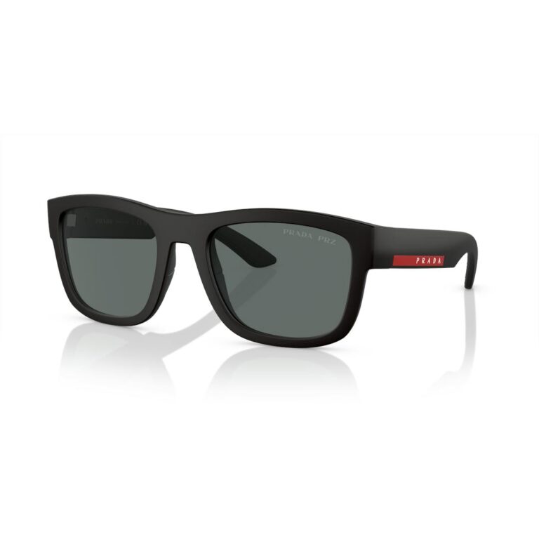 Prada Linea Rossa Solbriller 0PS01ZS Sort Gummi Firkantet Unisex Polariserede Mørkegrå Glas UV Beskyttelse Mat Finish Luksus Mode