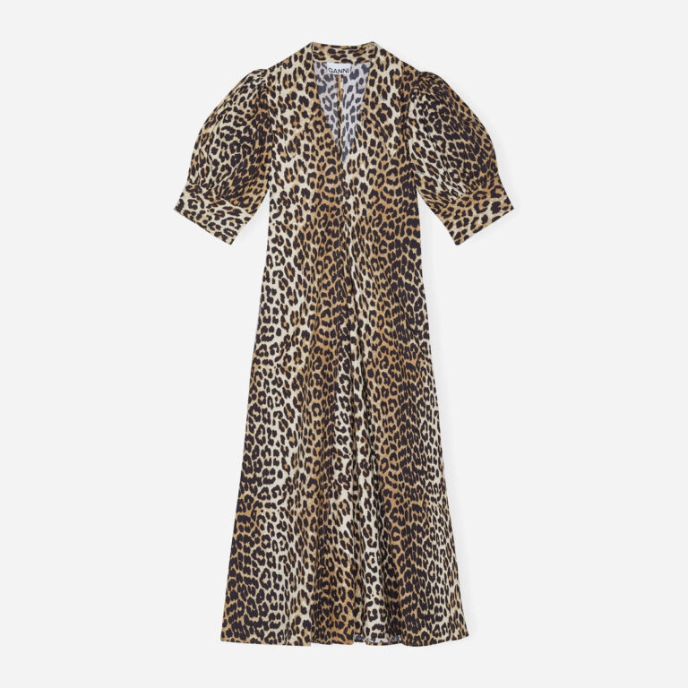 Printed Cotton Poplin V-neck Long Dress - Leopard