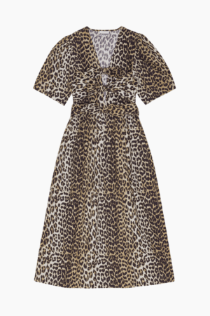 Printed Cotton Tie Strap Midi Dress W0373 - Leopard - GANNI - Leopard M