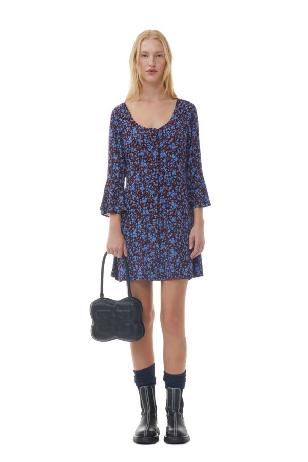 Printed Crepe Uneck Mini Dress