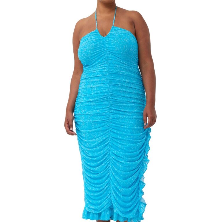 Printed Mesh Halterneck Gather Dres