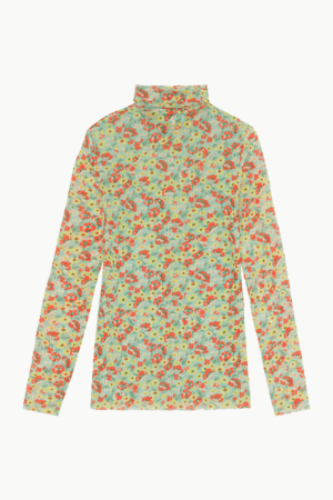 Printed Mesh Long Sleeve Fitted Rollneck - Meadow Celadon Green - GANNI - Blomstret L