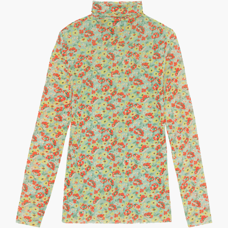 Printed Mesh Long Sleeve Fitted Rollneck - Meadow Celadon Green - GANNI - Blomstret L
