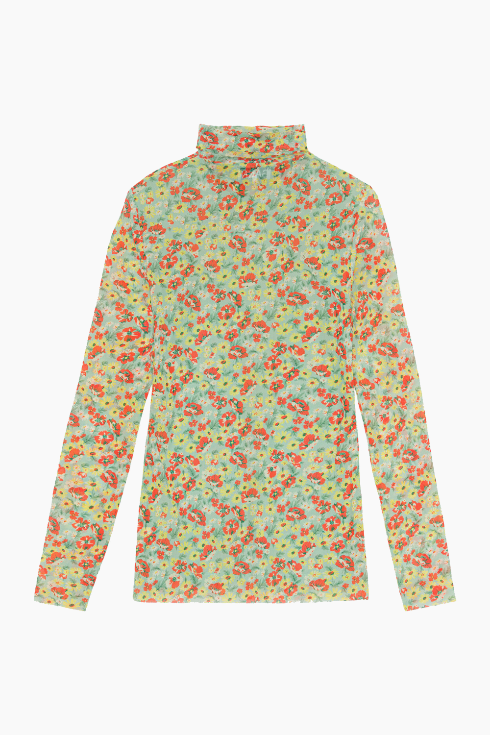 Printed Mesh Long Sleeve Fitted Rollneck - Meadow Celadon Green - GANNI - Blomstret L
