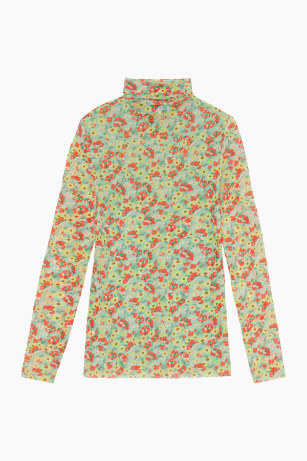 Printed Mesh Long Sleeve Fitted Rollneck - Meadow Celadon Green - GANNI - Grøn XS