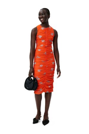 Printed Mesh Ruched Sleveless Midi