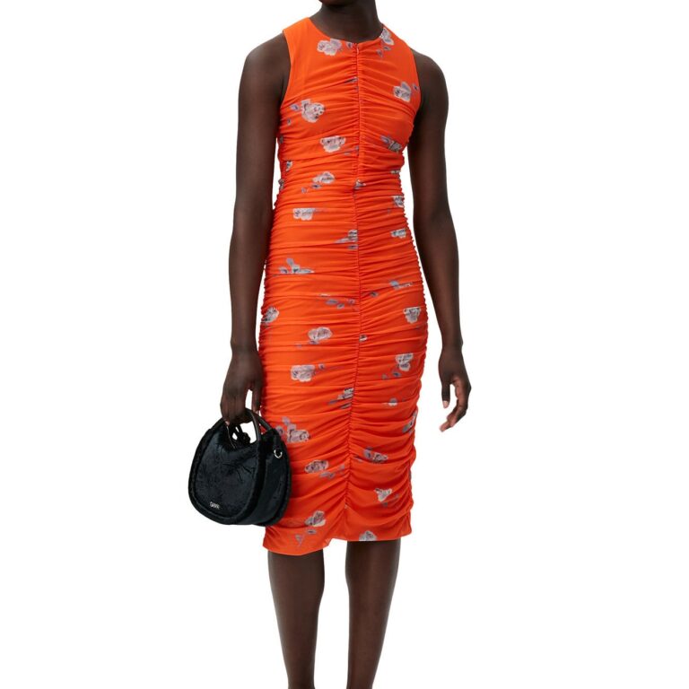 Printed Mesh Ruched Sleveless Midi