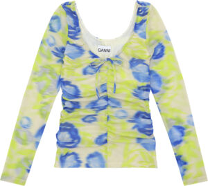 Printed Mesh Uneck Ruched Bluse