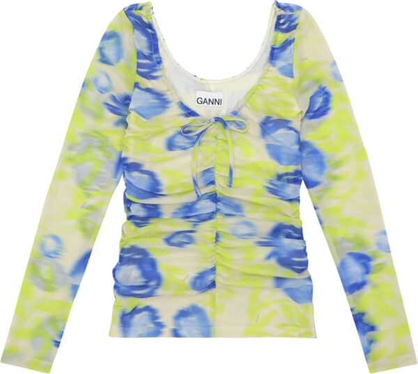 Printed Mesh Uneck Ruched Bluse