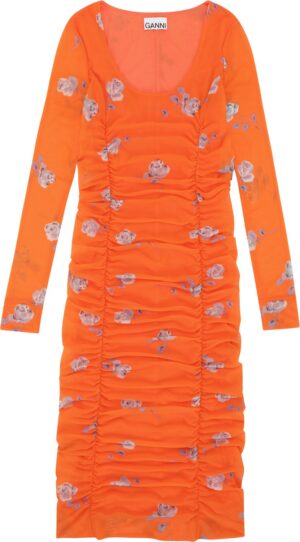 Printed Mesh Uneck Ruched Midi Dre