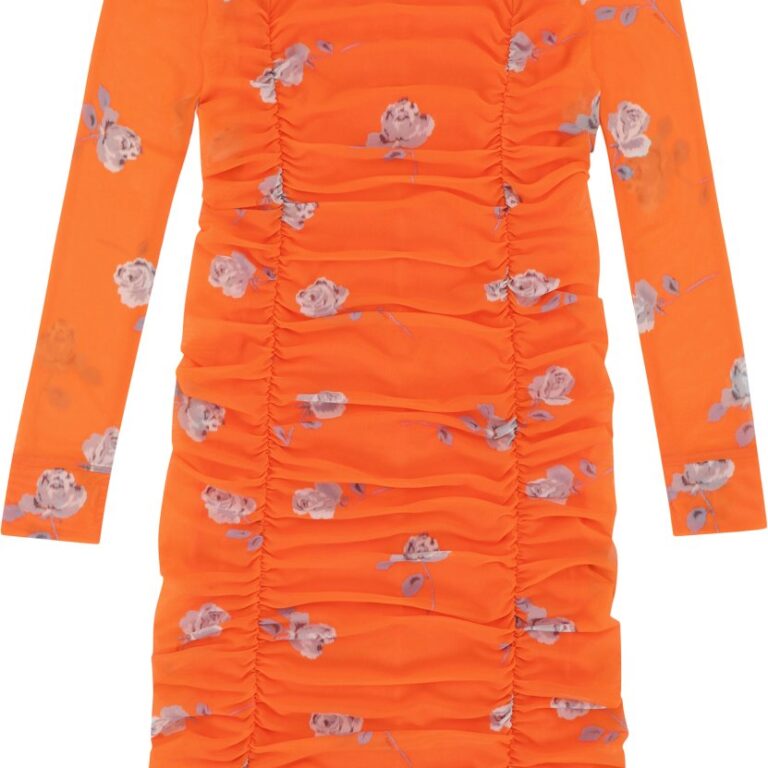 Printed Mesh Uneck Ruched Midi Dre