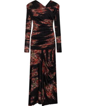 Printed Shiny Jersey Ruched Long Dr