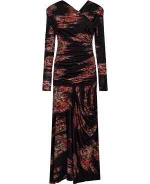 Printed Shiny Jersey Ruched Long Dr